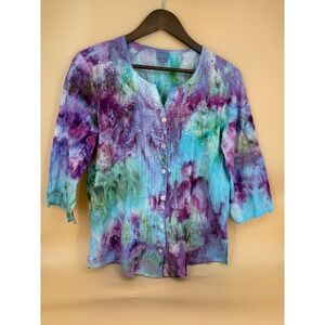 Laura Scott Women Large 3/4 Sleeve Tie Dye Embroidery V-Neck Button Front Blouse